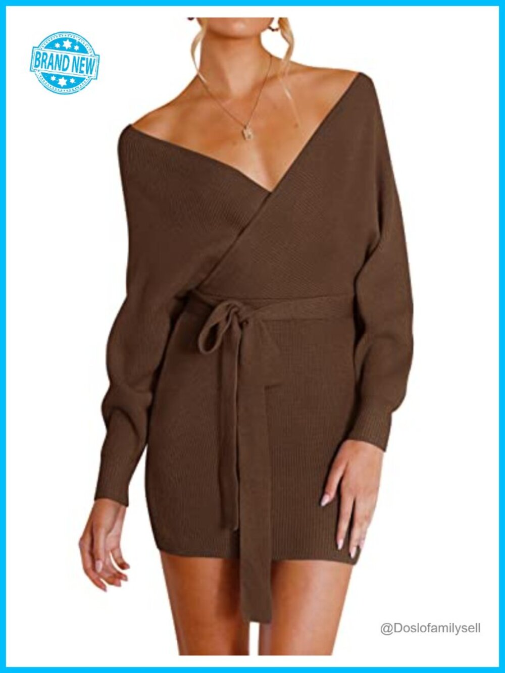 ZESICA Batwing Sleeve Wrap V Neck Sweater Dress Belted Knit Mini